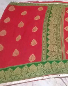 Red and Green Saree With Blouse Mirror Bo