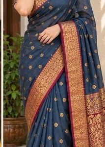 Elegant grey silk Saree with Gold Border
