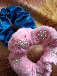 Fuzzy Pearl & Satin Scrunchies