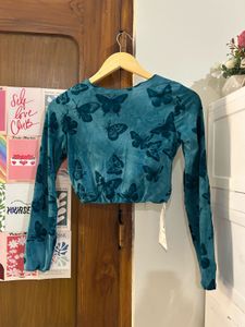 Green Butterfly Print Mesh Top
