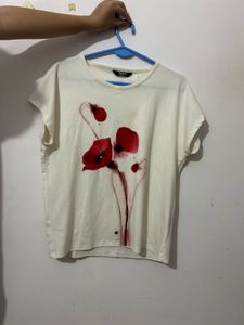 Cream Poppy Print T-Shirt