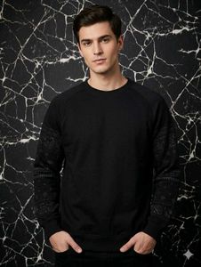 Men's Black Sweatshirt with Patterned Sleeves