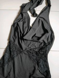 Elegant Black Halter Lace Trim Dress