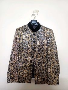 Men’s Printed Jodhpuri Blazer – Black & Gold Flora
