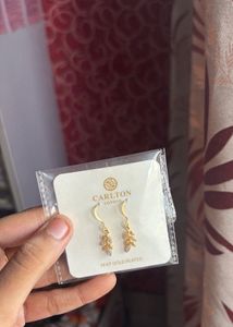 Gold Leaf Dangle Earrings with CZ Stones