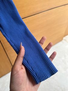 Ribbed Blue Cropped Collared Shirt
