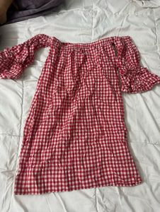 Red Gingham Off-Shoulder Dress with bell sleeves