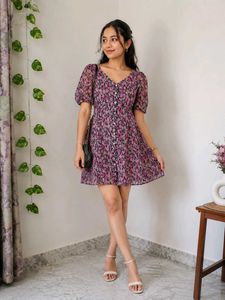 Pink Floral Puff Sleeve Mini Dress
