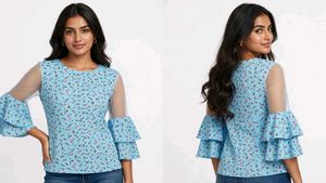 Blue Floral Sheer Sleeve Top