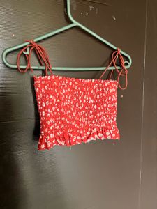 Red Floral Smocked Crop Top