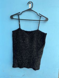 Cozy Black Fuzzy Spaghetti Strap Top