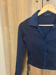 Navy Ruched Collared Long Sleeve Top