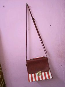 Red &amp; White Striped box sling Bag