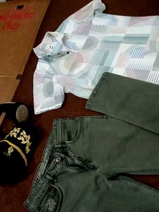Stylish Geometric Print Shirt & Olive Jeans Set