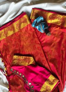 Vibrant Red Silk Saree with Gold Border