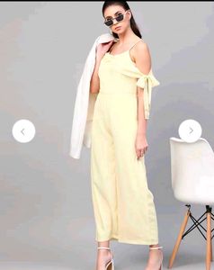 Cream Off-Shoulder Jumpsuit with Tie-Up Sleeves
