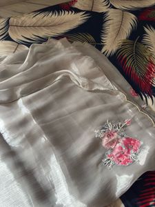 Elegant Grey Saree with Floral Embroidery