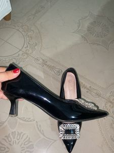 Black Patent Heels with Rhinestone Buckle