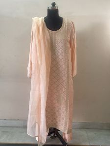 Peach Embroidered Kurta Set with Dupatta