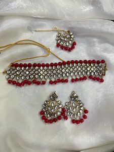 Red Kundan Necklace &amp; Earring Jewellery Set