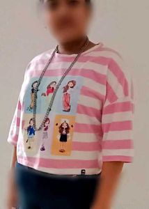 Cute Pink Striped Cartoon Crop Top and off white c