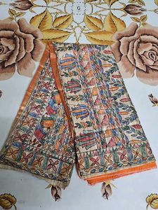Madhubani Handpainted pure ghicha golden border