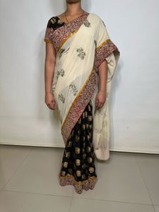 Designer Cream Semi Silk Saree with Brocade Blouse