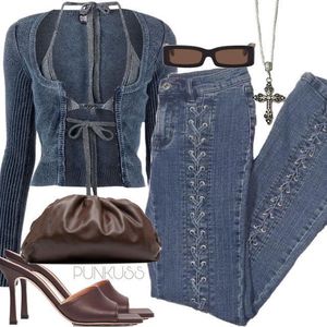 Y2k Bohochic blue jeans w beige lace