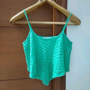 BERSHKA Green Lace Cropped Tank Top
