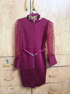 Elegant Maroon Dress with Sheer Sleeves