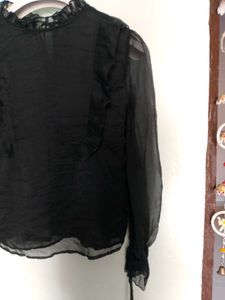 Sheer Black Ruffled Neck Blouse