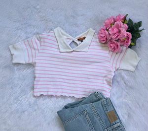 Cute Pink Striped Collar Crop Top 🎀