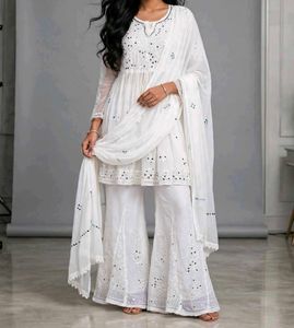 Elegant White Mirror Work Kurta Set