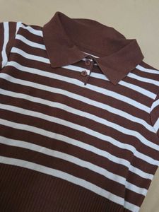 Brown &amp; White Striped Polo Top