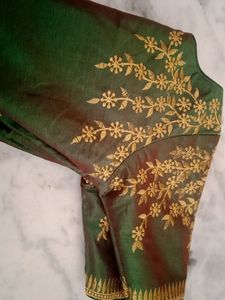 Emerald Green Silk Blouse with Gold Embroidery