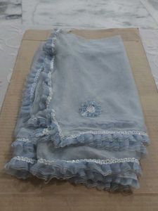 Elegant Sky Blue Net Dupatta with beautiful lace