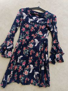 Navy Floral Print Flared Sleeve Dress