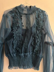 Elegant Blue Lace Trim Sheer Top