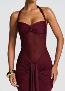 Elegant Maroon Halter Neck Evening Gown
