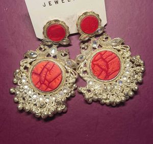 Exquisite Red & Silver Jhumka Earrings with free s