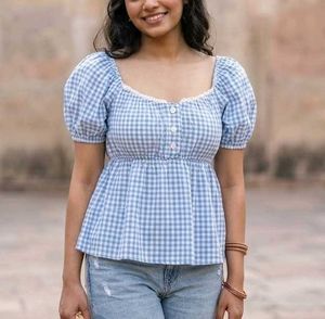 Blue Gingham Peplum Top( LIMITED OFFER)