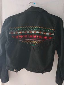 Boho Embroidered Black Denim Jacket