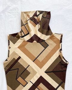 Abstract Print Sleeveless Turtleneck Top