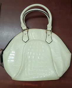 Cream Croc-Textured Dome Satchel Handbag