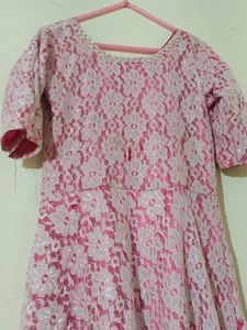 Beautiful Pink Lace Gown with Pearl Neckline