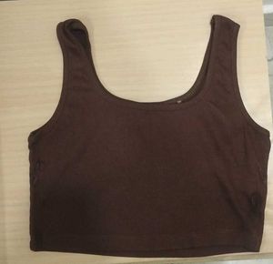 Brown Ribbed Crop Tank Top