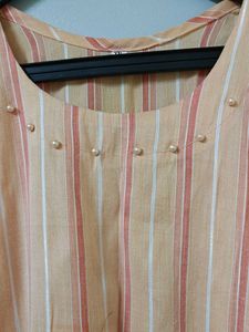 Peach Striped Kurta with Embellishments