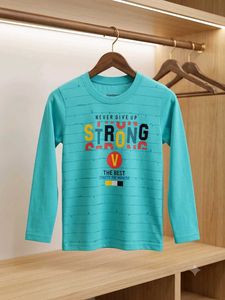 Boys Turquoise "Strong" Graphic Full Sleeve T-Shir