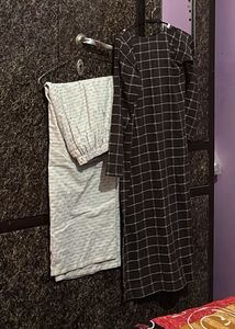 Brown Checked Kurta with White Lace Detail