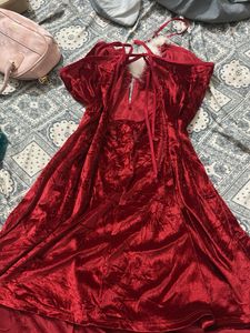 Red Velvet Fluffy Trimmed Dress